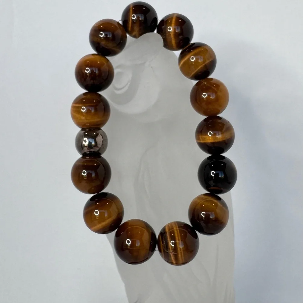Hand Crafted Tiger Eye Gemstone Beaded Stretch Bracelet 6.75” 14mm NWT